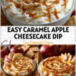 Bowl of creamy caramel apple cheesecake dip topped with caramel drizzle and apple slices on a fall table. 26